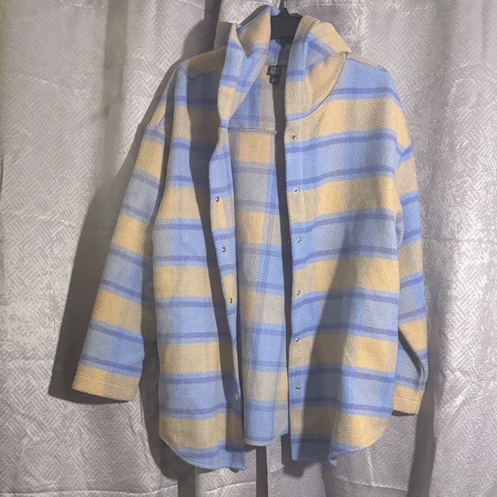Wild Fable Women's Hooded Plaid Shacket in blue and tan/camel colors